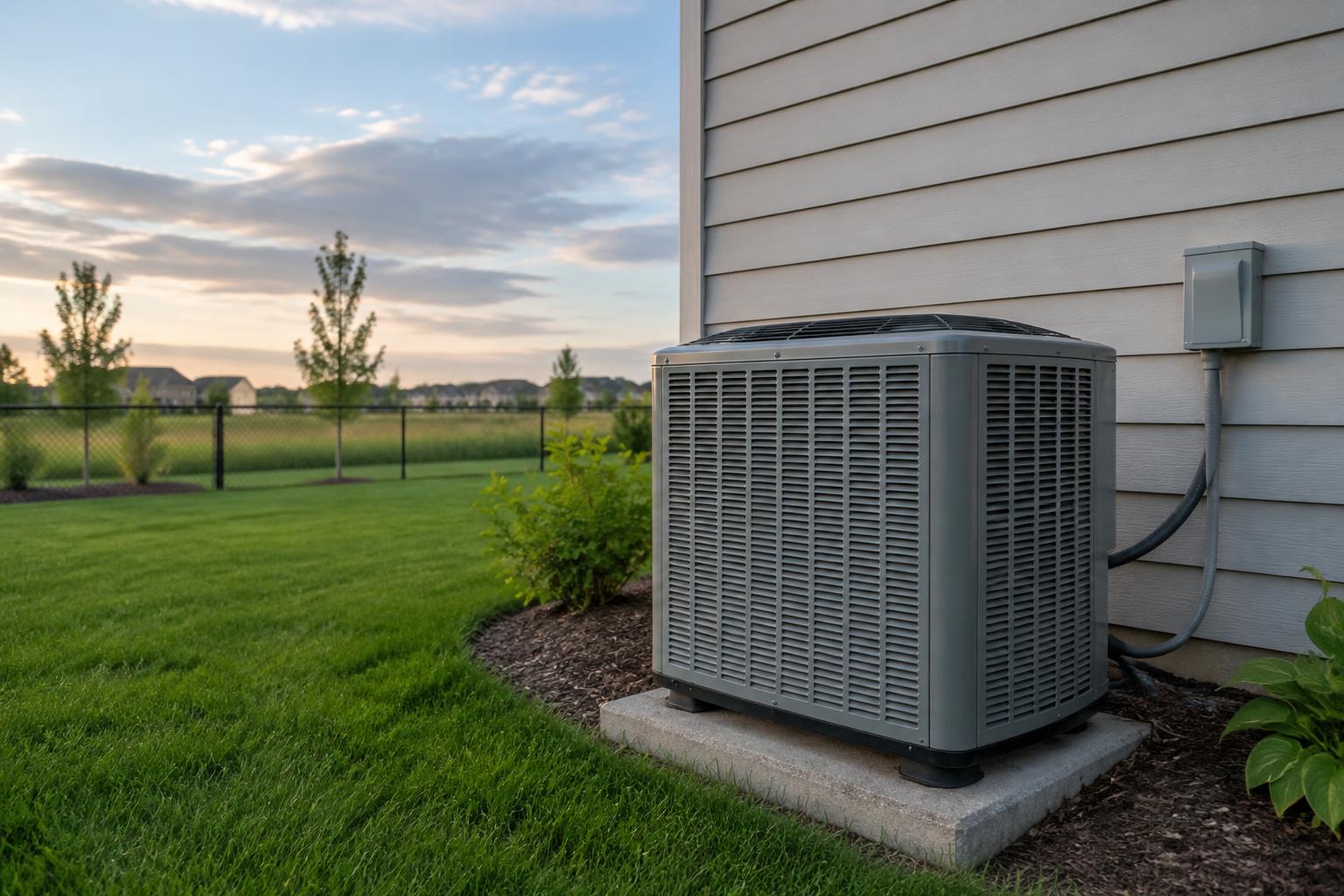 Residential air conditioning condenser beside an Alberta home